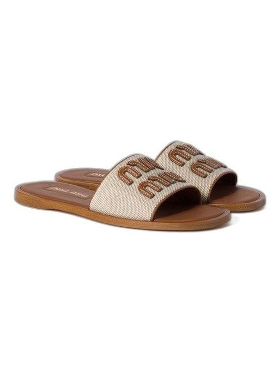 Canvas Logo Flat Slide Sandals
