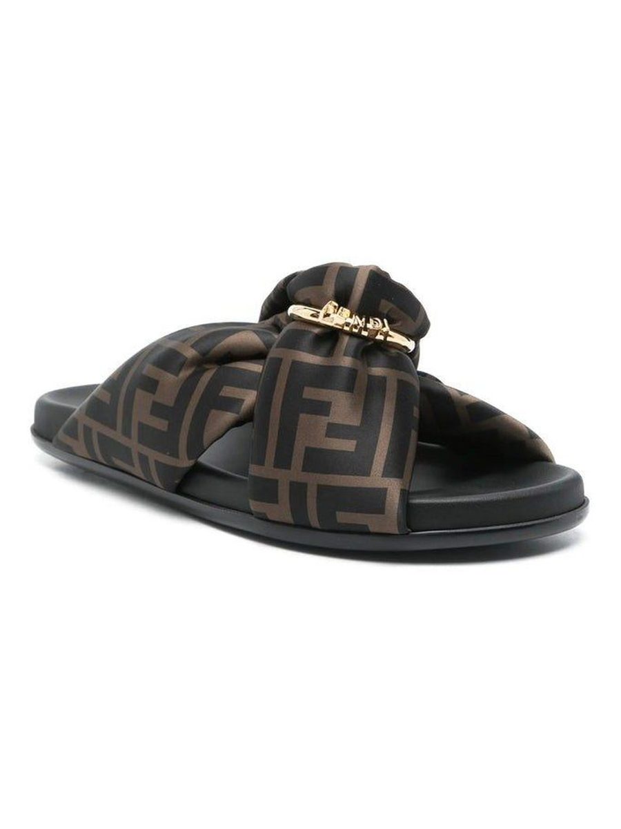 Brown FF satin slides