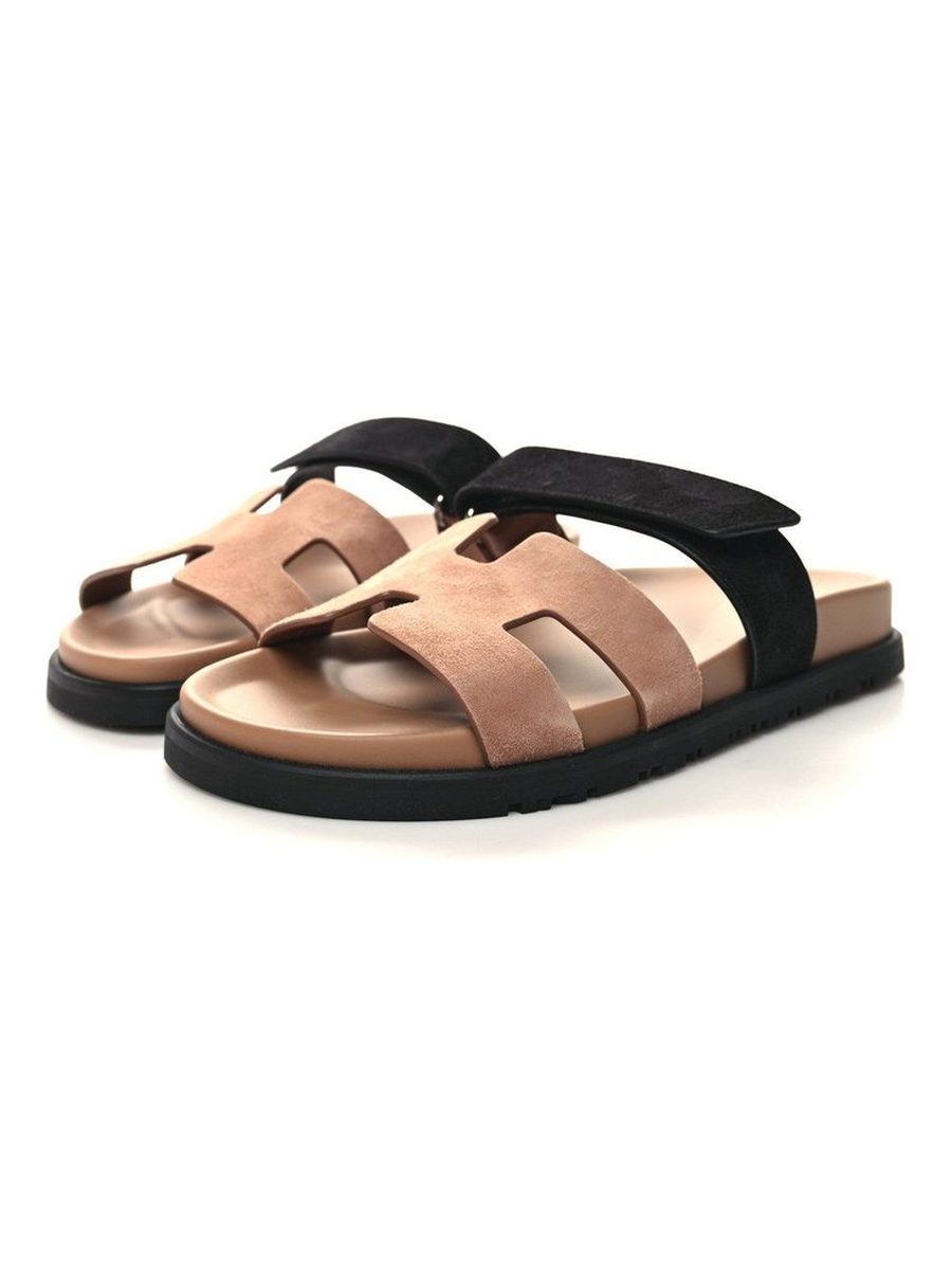 Hermès Chypre Sandals Rose Perle and Black Suede