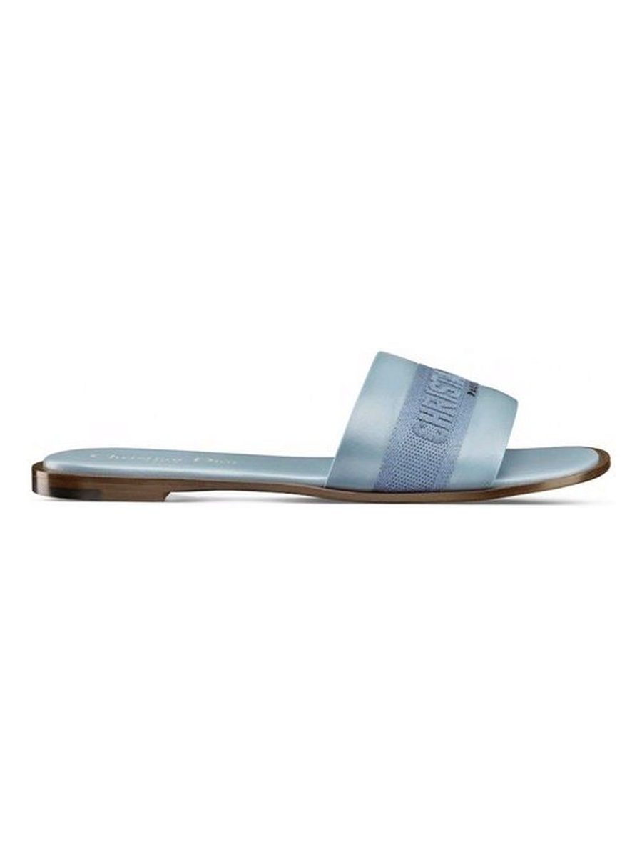Dway Slide Pastel Blue Calfskin and Embroidered Cotton