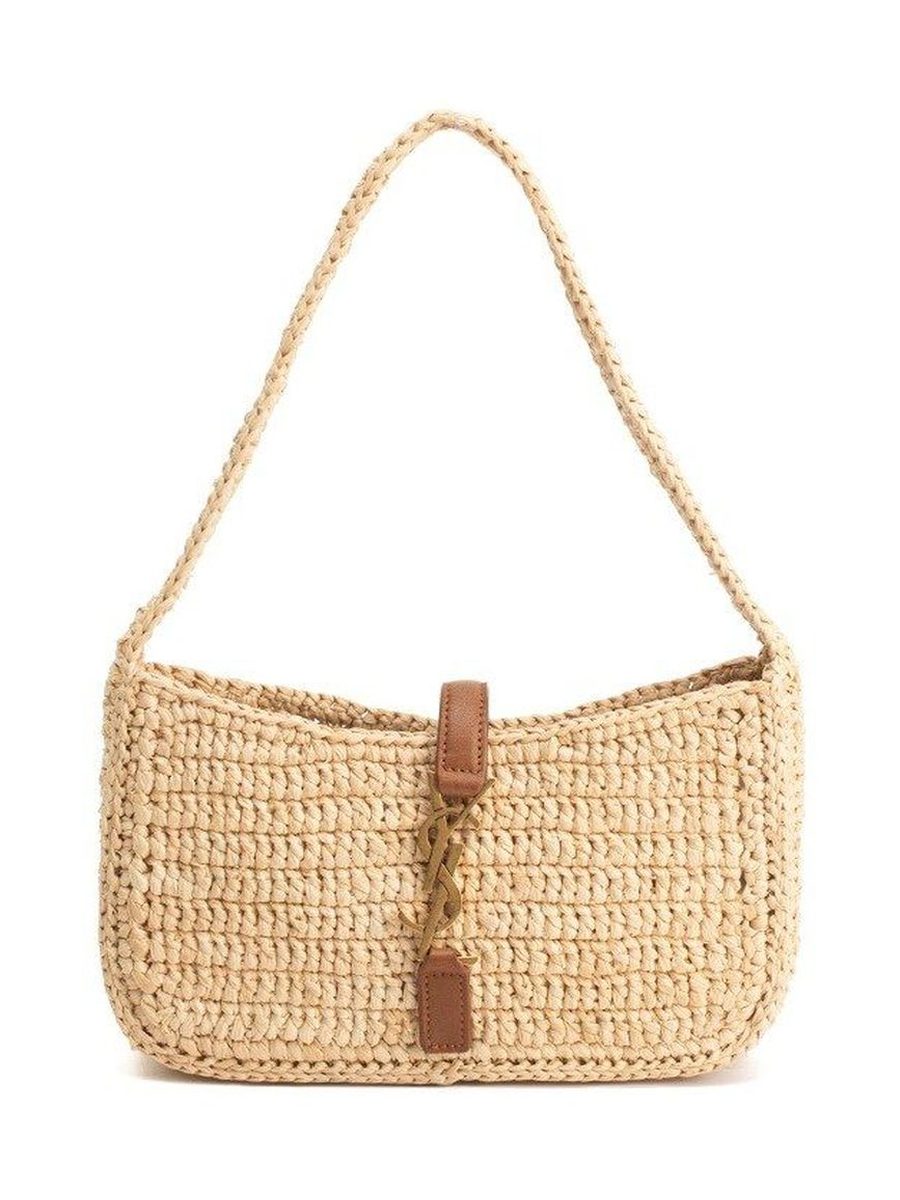 Le 5 à 7 leather-trimmed raffia shoulder bag